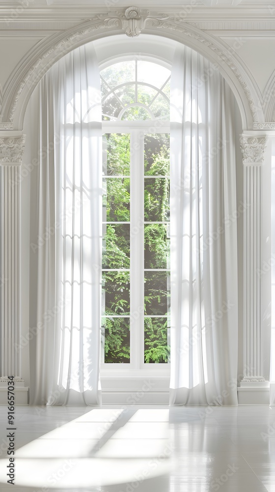 Aufkleber 3d rendering of white curtains hanging on a window. minimalist background for product presentation