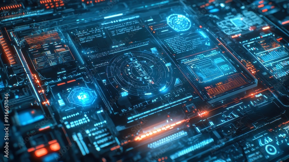 Poster futuristic digital interface, a complex digital display featuring holographic elements and interacti