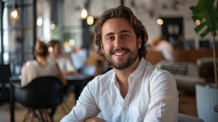 Fototapeta premium A man with a beard and a smile is sitting at a table in a restaurant