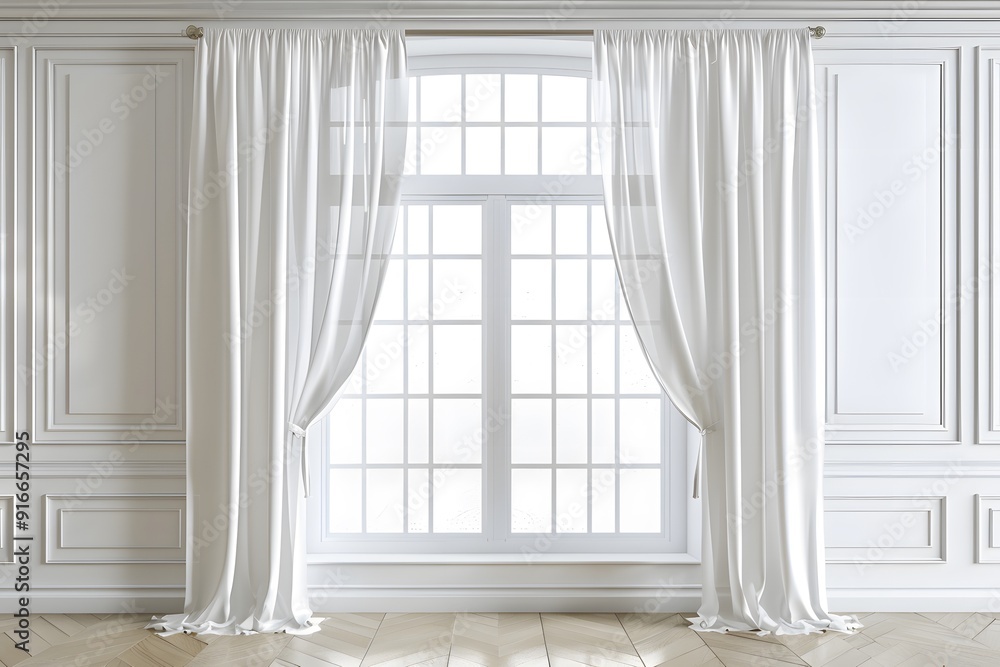 Aufkleber 3d rendering of white curtains hanging on a window. minimalist background for product presentation