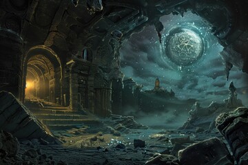 Ancient ruins of a forgotten civilization bathed in the light of a mystical moon.
