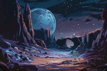 Rocky moon landscape with blue moon and starry sky