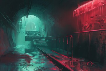 Mysterious underground tunnel with glowing green and red lights