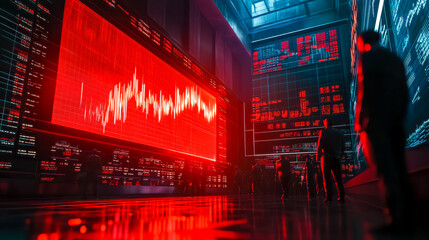 Stock market traders watching declining prices on big display screen