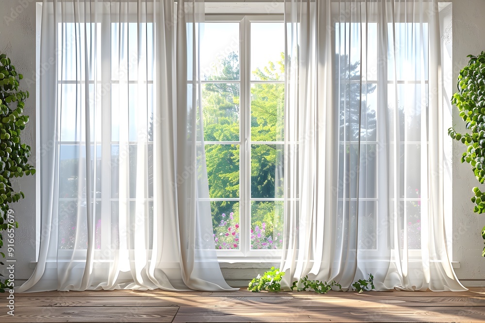 Poster 3d rendering of white curtains hanging on a window. minimalist background for product presentation