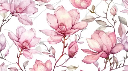 Seamless pattern with watercolor pink magnolia flowers and leaves on a white background.