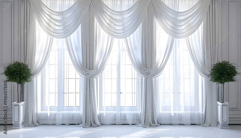 Aufkleber 3d rendering of white curtains hanging on a window. minimalist background for product presentation