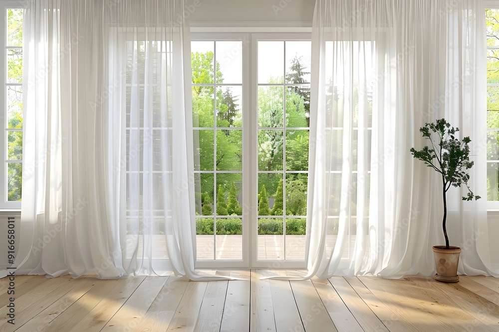Aufkleber 3d rendering of white curtains hanging on a window. minimalist background for product presentation