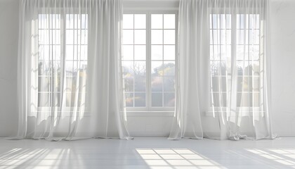 Fototapeta premium 3D rendering of white curtains hanging on a window. Minimalist background for product presentation