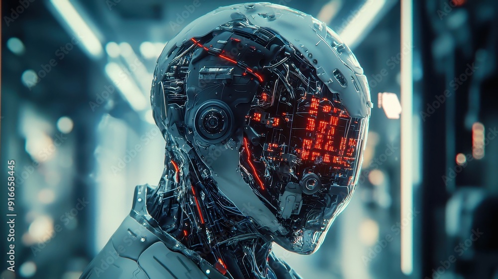 Poster intelligent innovation in open space, showcasing advanced technology and artificial intelligence in 