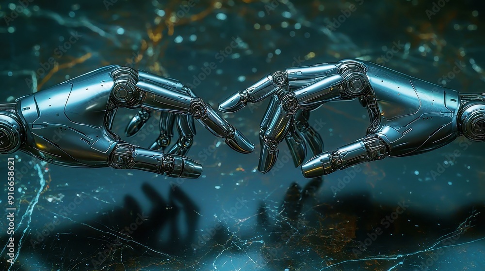 Poster interconnected robotics, two intricate robotic hands reaching out to each other in an open space, sy