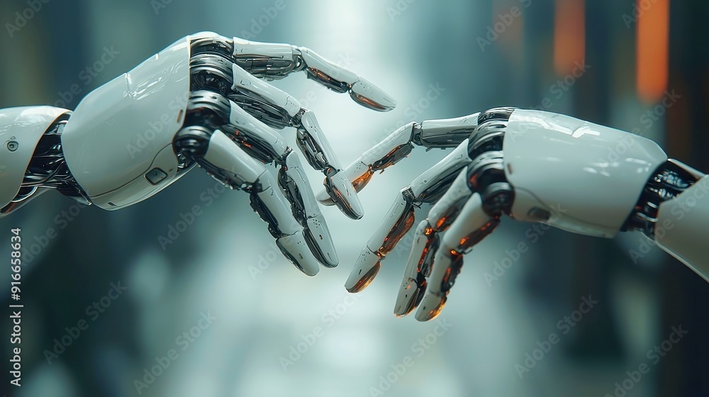Poster robotic hands connection, two intricately designed robotic hands gently touching in an open space, s