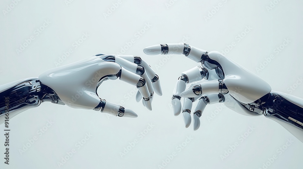 Poster interconnected mechanisms, two robotic hands gently touching, symbolizing unity and technology, set 