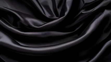 Fototapeta premium Elegant black silk background with dark, luxurious fabric displaying soft folds and waves, featuring an abstract satin or velvet texture in a high-end material design, black satin background.