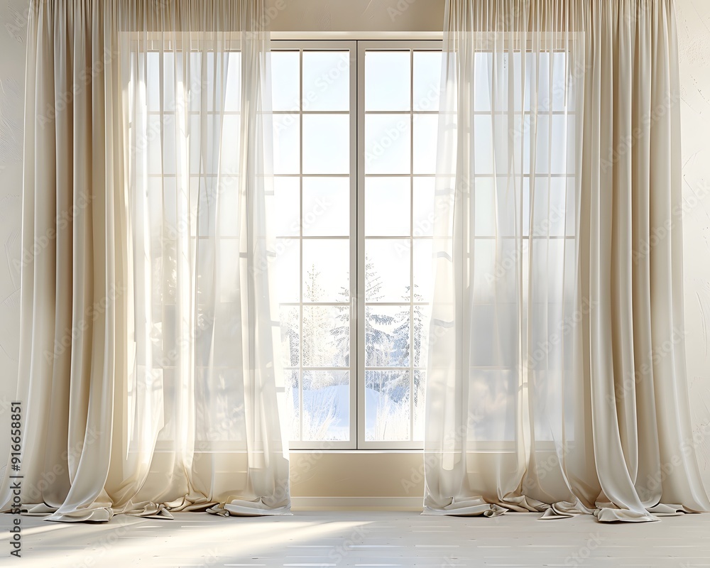 Poster 3d rendering of white curtains hanging on a window. minimalist background for product presentation