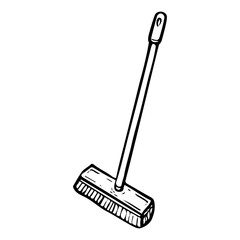 Broom for sweeping the floor hand drawn doodle. Mop with a handle for dry or wet cleaning of dirt from the house. Laundry room. Vector outline line art illustration.