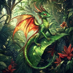 A captivating illustration of a mystical creature, blending dragon and fairy features, perched gracefully on a massive green leaf ina dense jungle. The creature has shimmering blue scales and fiery or