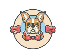 Cute Bulldog Illustration with Bowtie and Bones, Adorable French Bulldog in a Bowtie Vector Art