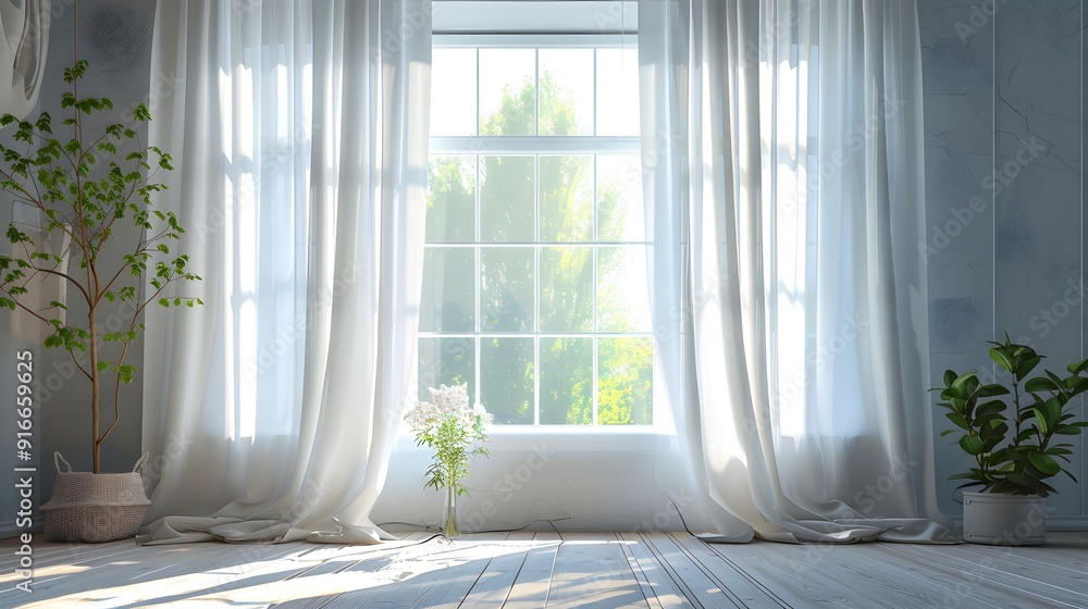 Aufkleber 3d rendering of white curtains hanging on a window. minimalist background for product presentation