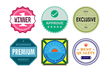 Six retro-style quality badges and stickers in assorted shapes and colors, featuring text like 'Winner,' 'Premium,' and 'Best Quality.'