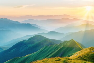 serene mountain landscape panoramic view, layers of green hills and blue peaks, misty