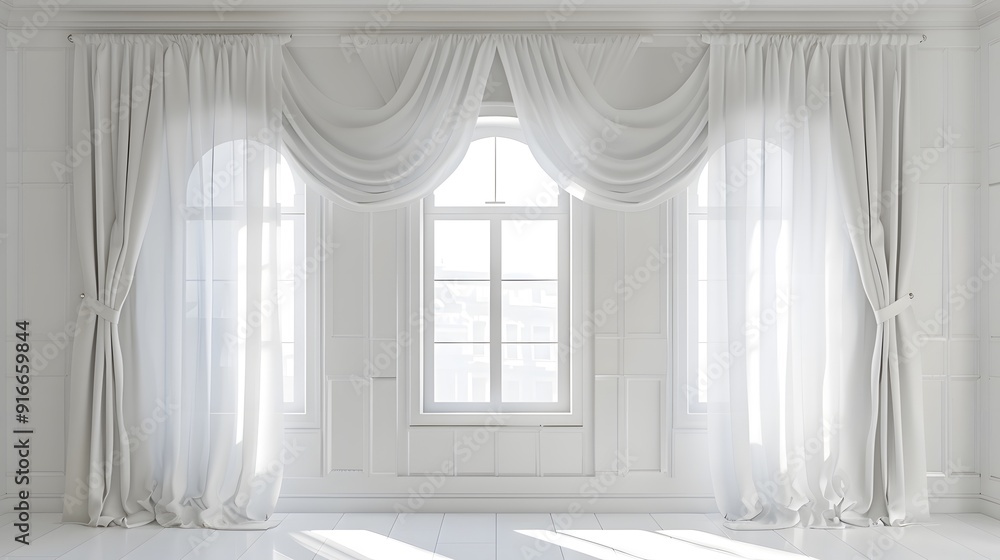 Poster 3d rendering of white curtains hanging on a window. minimalist background for product presentation