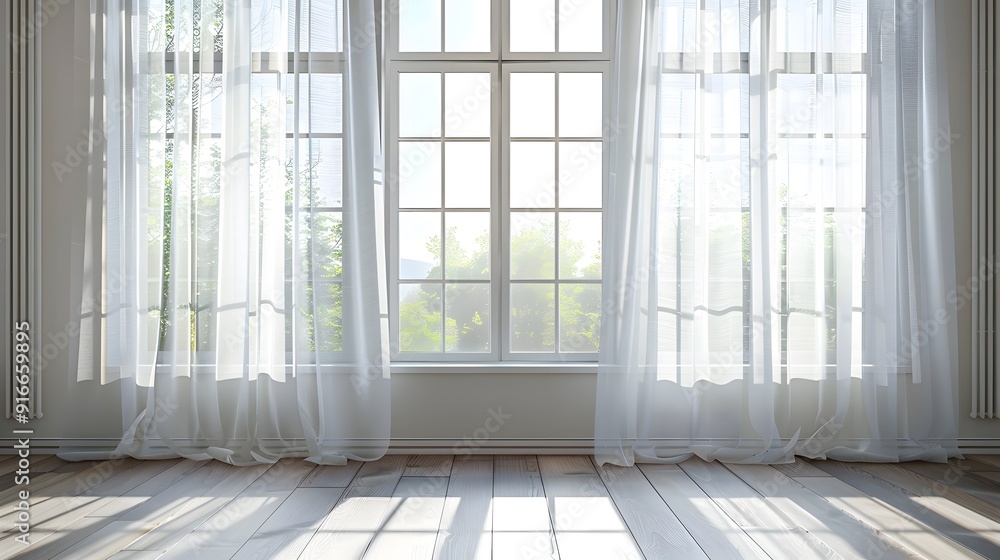 Poster 3d rendering of white curtains hanging on a window. minimalist background for product presentation