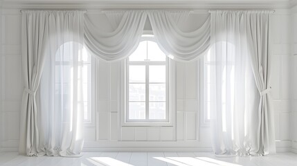 Fototapeta premium 3D rendering of white curtains hanging on a window. Minimalist background for product presentation