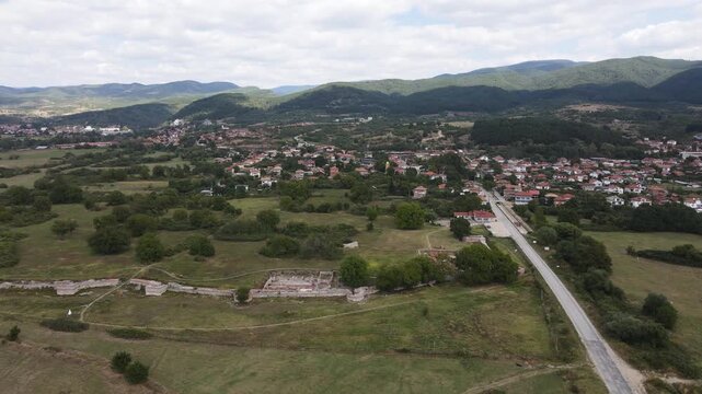 Aerial view of ruins of ancient Roman city Nicopolis ad Nestum near town of Garmen, Blagoevgrad Region, Bulgaria