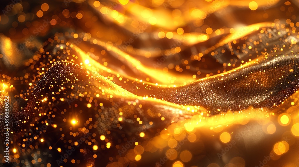 Poster golden particles wave. digital art. 3d rendering.