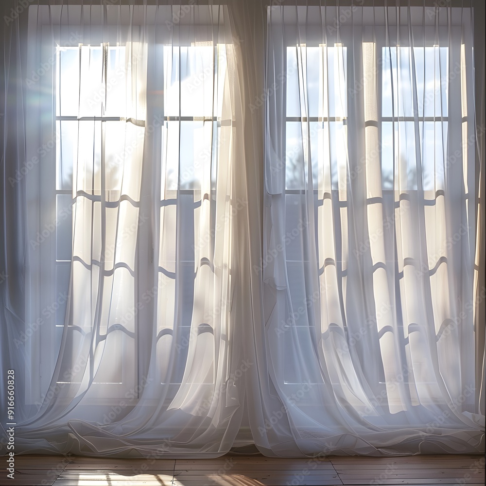 Aufkleber 3d rendering of white curtains hanging on a window. minimalist background for product presentation