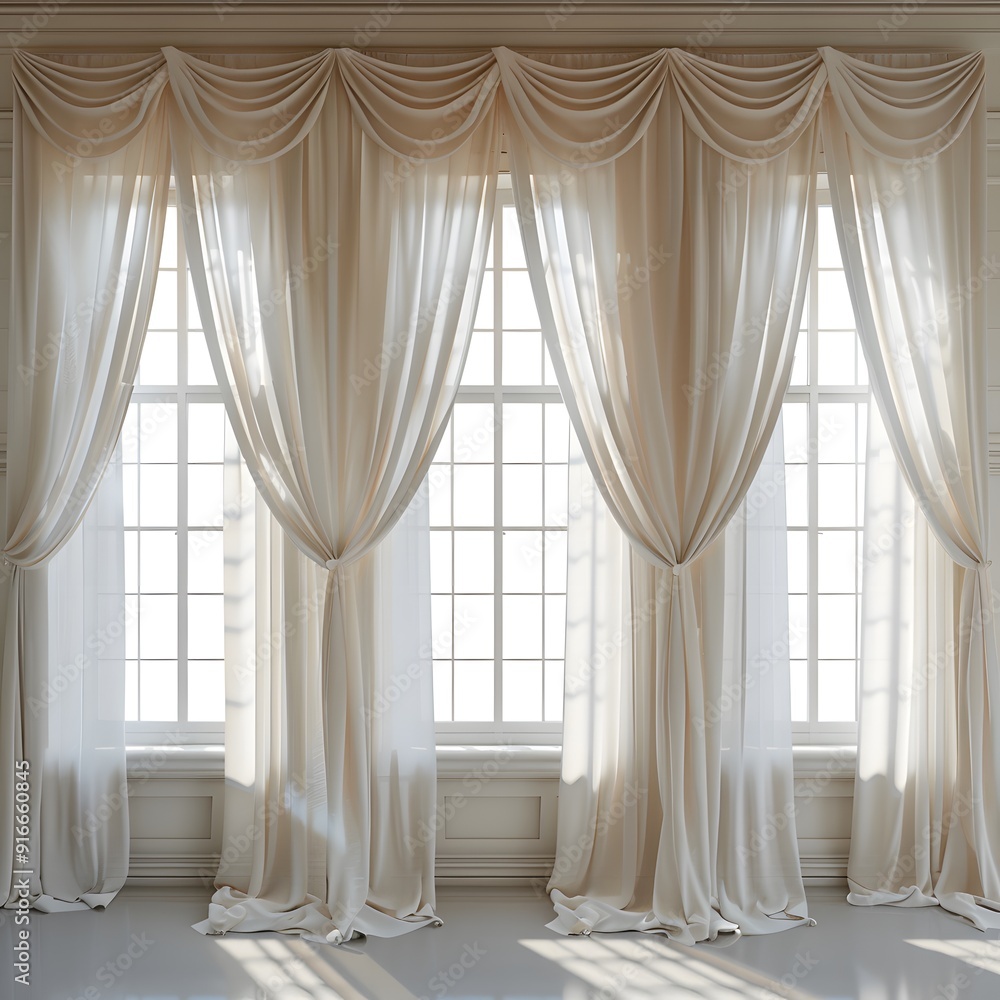 Aufkleber 3d rendering of white curtains hanging on a window. minimalist background for product presentation