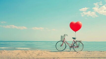 Fototapeta premium A vintage bicycle with a heart-shaped balloon is set against a beach scene under a blue sky. This imagery evokes themes of love in summer,