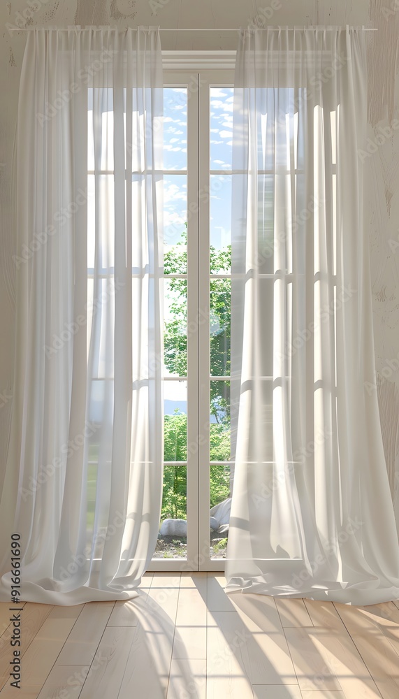 Aufkleber 3d rendering of white curtains hanging on a window. minimalist background for product presentation