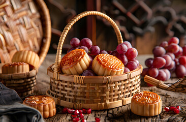 Baskets of traditional Chinese delicacies such as mooncakes and fruits