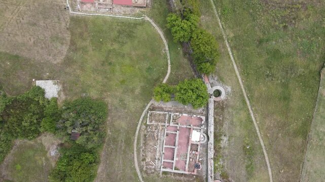 Aerial view of ruins of ancient Roman city Nicopolis ad Nestum near town of Garmen, Blagoevgrad Region, Bulgaria