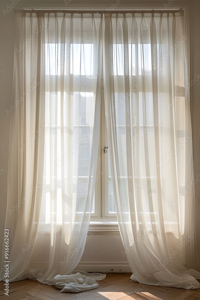 Aufkleber 3d rendering of white curtains hanging on a window. minimalist background for product presentation
