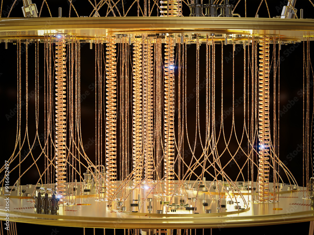Poster golden quantum computer machine close up