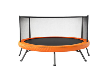 Modern round trampoline with safety net enclosure, orange frame, isolated on transparent background.