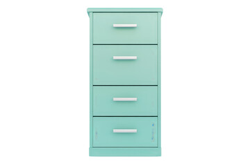 Modern teal four-drawer chest with sleek metal handles, perfect for bedroom or home office storage.