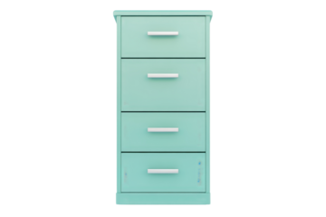 Modern teal four-drawer chest with sleek metal handles, perfect for bedroom or home office storage.