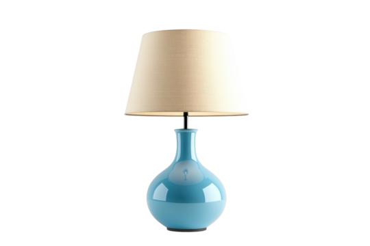 Modern table lamp with blue ceramic base and beige fabric shade, ideal for living room, bedroom, or office decor.