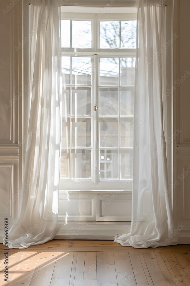 Poster 3d rendering of white curtains hanging on a window. minimalist background for product presentation