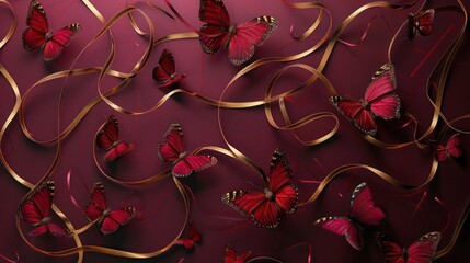 Refined 3D Abstract Design Featuring Vintage Crimson Red Butterflies Intertwined with Golden Ribbons, Set Against a Deep Burgundy Background