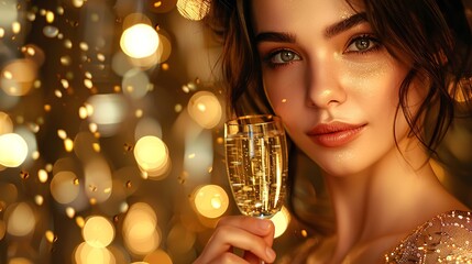 Radiant Woman with Champagne. Elegant woman with sparkling champagne on festive background.