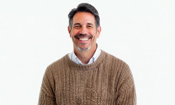 Environmental portrait video of a grinning man in his 40s wearing a cozy sweater against a white background