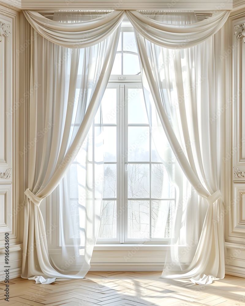 Aufkleber 3d rendering of white curtains hanging on a window. minimalist background for product presentation