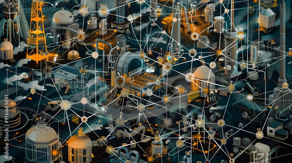 Poster an image depicting a complex web of standards and guidelines with industries and companies interconn