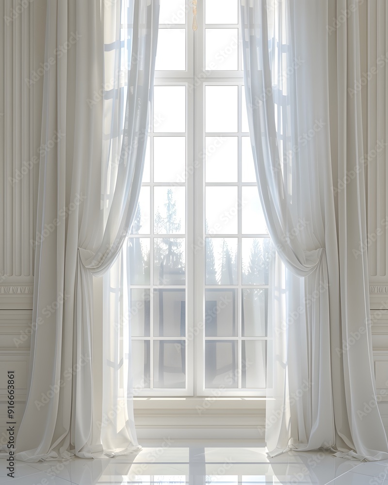 Aufkleber 3d rendering of white curtains hanging on a window. minimalist background for product presentation