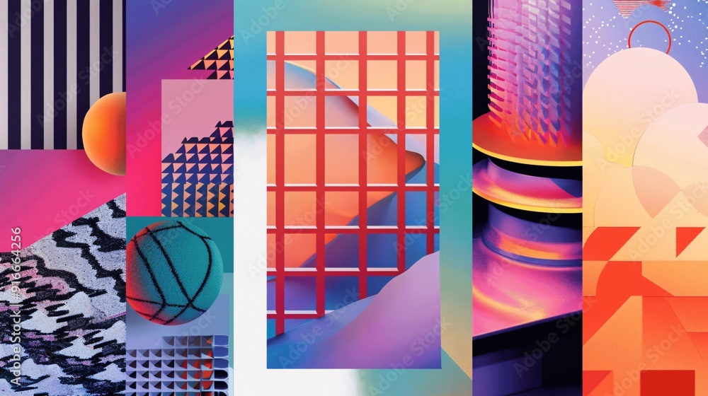 Poster bold geometric shapes with colorful gradients create a striking and vibrant design.
